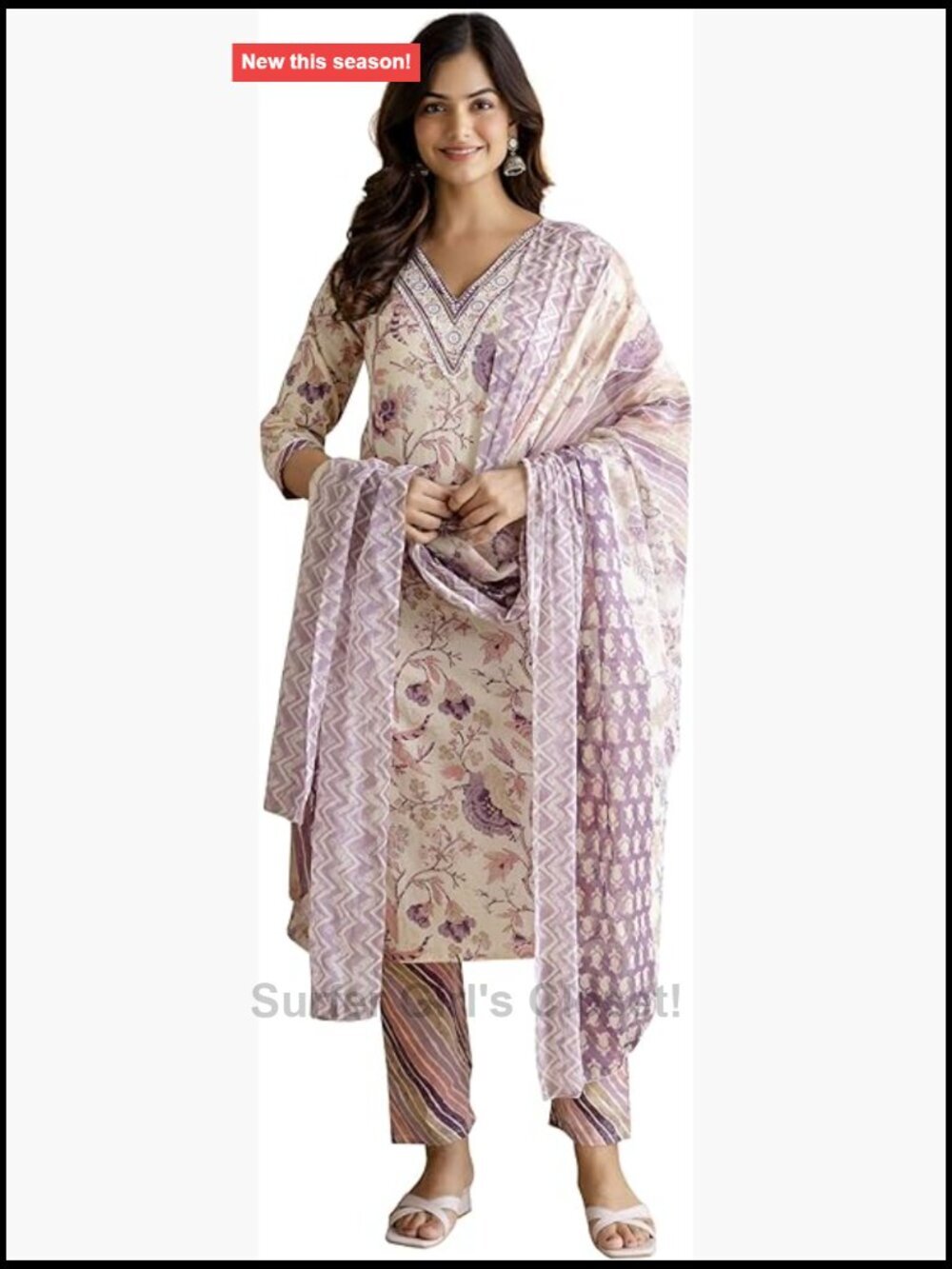 Pure Cotton Floral Vine Print Kurta Pant Dupatta Set Embroidery Neck Work